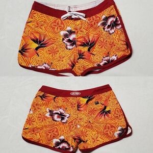 O'Niell Vintage 90s Orange Tropical Floral Shorty Shorts Swim Trunks Boardshorts